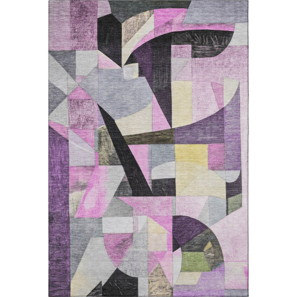 HomeRoots 5' X 8' Abstract Area Rug in Purple, Black & Yellow – Washable, Stain Resistant, UV Protected Design 700369