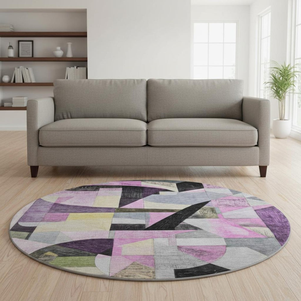 HomeRoots 8' Bold Purple, Black & Yellow Abstract Washable Round Rug with UV Protection for Modern Spaces 700370