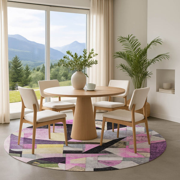 HomeRoots 8' Bold Purple, Black & Yellow Abstract Washable Round Rug with UV Protection for Modern Spaces 700370