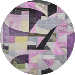 HomeRoots 8' Bold Purple, Black & Yellow Abstract Washable Round Rug with UV Protection for Modern Spaces 700370