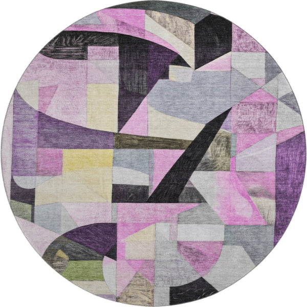 HomeRoots 8' Bold Purple, Black & Yellow Abstract Washable Round Rug with UV Protection for Modern Spaces 700370