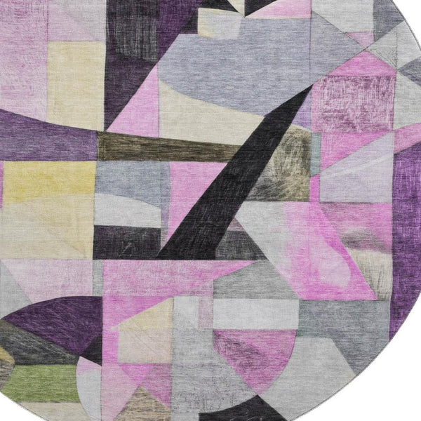 HomeRoots 8' Bold Purple, Black & Yellow Abstract Washable Round Rug with UV Protection for Modern Spaces 700370
