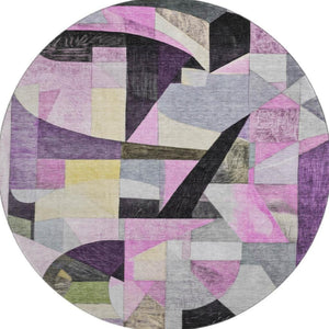 HomeRoots 8' Bold Purple, Black & Yellow Abstract Washable Round Rug with UV Protection for Modern Spaces 700370