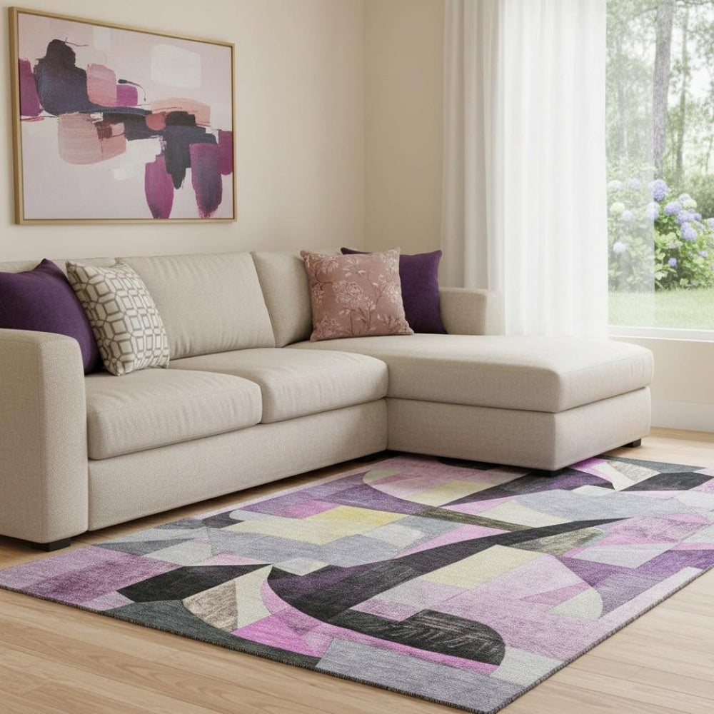 HomeRoots 8' X 10' Modern Purple, Black & Yellow Abstract Area Rug with UV Protection & Non-Slip Backing 700371