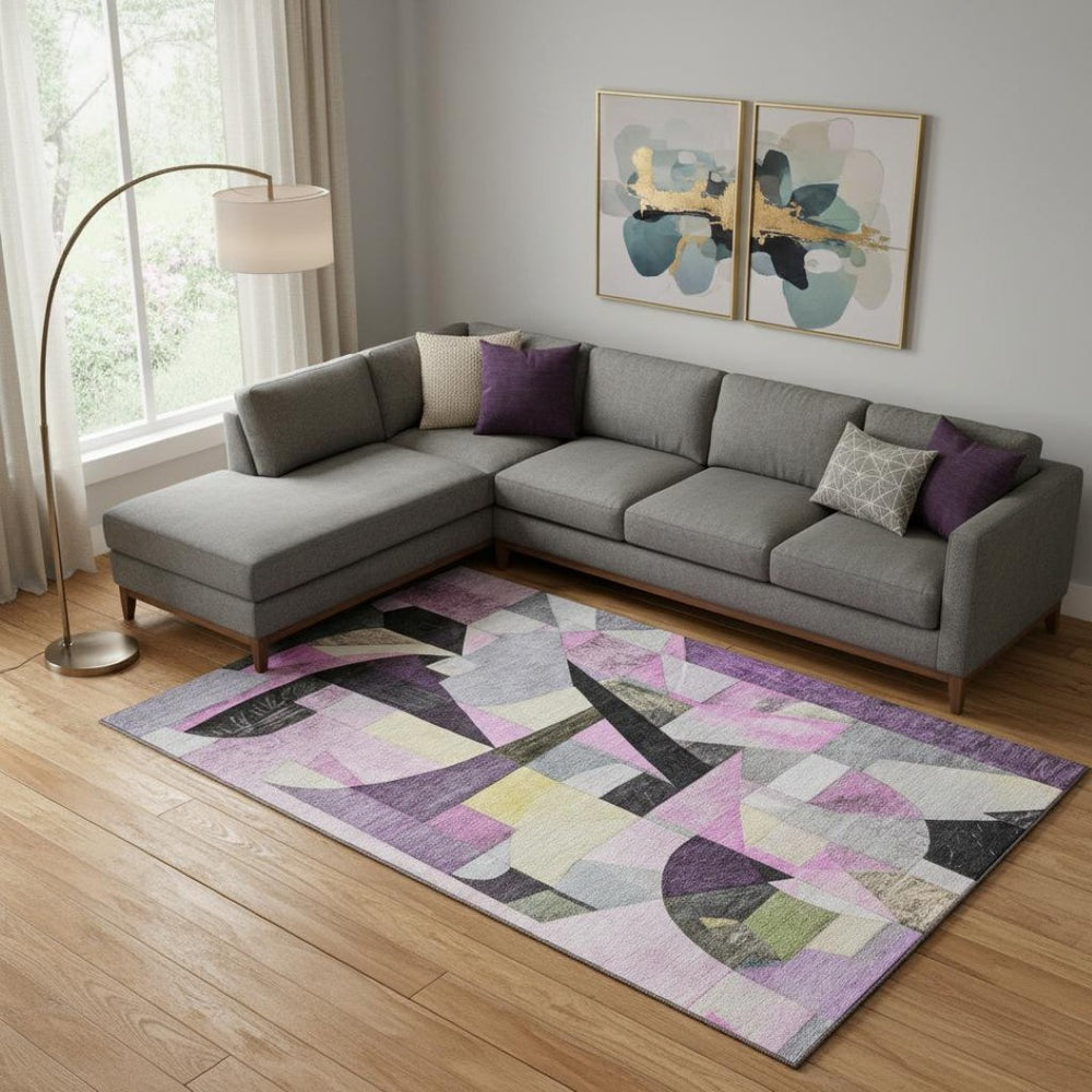 HomeRoots 9' X 12' Vibrant Purple, Black & Yellow Abstract Washable Area Rug with UV Protection & Non-Slip Backing 700372