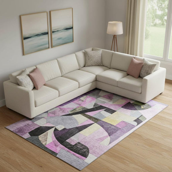 HomeRoots 10' X 14' Washable Abstract Area Rug in Purple, Black & Yellow - UV Protected, Durable & Stylish! 700373