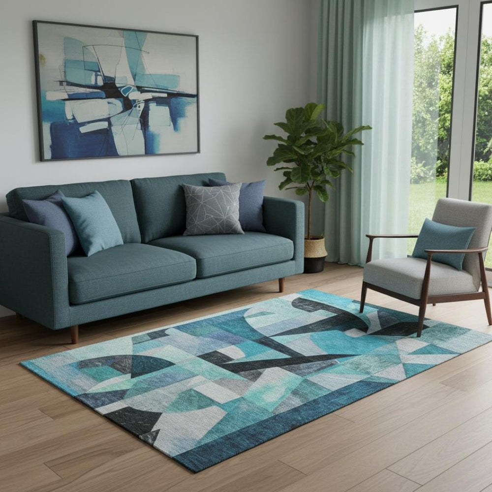 HomeRoots 5' X 8' Modern Teal, Black & Blue Abstract Area Rug – Washable, UV Protected, Family-Friendly Style 700375