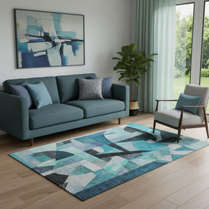 HomeRoots 5' X 8' Modern Teal, Black & Blue Abstract Area Rug – Washable, UV Protected, Family-Friendly Style 700375