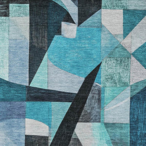 HomeRoots 5' X 8' Modern Teal, Black & Blue Abstract Area Rug – Washable, UV Protected, Family-Friendly Style 700375