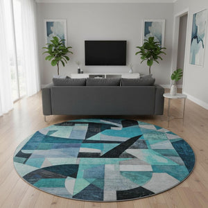 HomeRoots 8' Teal Black and Blue Abstract Round Rug - Washable, UV Protected, Durable, and Stylish for Any Space 700376