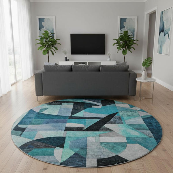 HomeRoots 8' Teal Black and Blue Abstract Round Rug - Washable, UV Protected, Durable, and Stylish for Any Space 700376