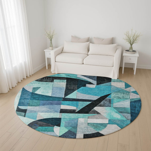 HomeRoots 8' Teal Black and Blue Abstract Round Rug - Washable, UV Protected, Durable, and Stylish for Any Space 700376