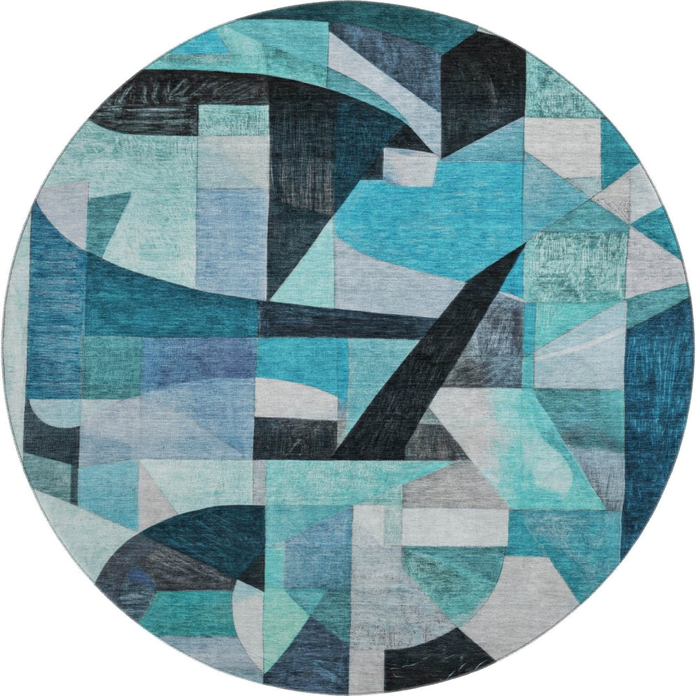 HomeRoots 8' Teal Black and Blue Abstract Round Rug - Washable, UV Protected, Durable, and Stylish for Any Space 700376
