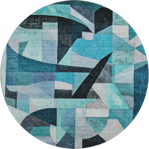HomeRoots 8' Teal Black and Blue Abstract Round Rug - Washable, UV Protected, Durable, and Stylish for Any Space 700376
