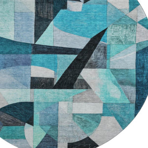 HomeRoots 8' Teal Black and Blue Abstract Round Rug - Washable, UV Protected, Durable, and Stylish for Any Space 700376