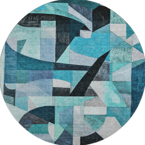 HomeRoots 8' Teal Black and Blue Abstract Round Rug - Washable, UV Protected, Durable, and Stylish for Any Space 700376