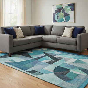 HomeRoots 8' X 10' Teal, Black & Blue Abstract Area Rug - Washable, UV-Protected, Non-Slip for High-Traffic Rooms 700377