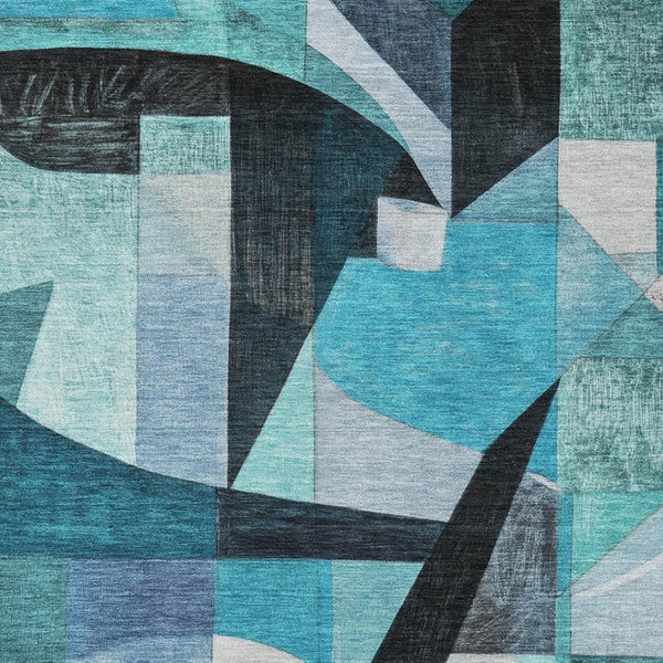 HomeRoots 8' X 10' Teal, Black & Blue Abstract Area Rug - Washable, UV-Protected, Non-Slip for High-Traffic Rooms 700377