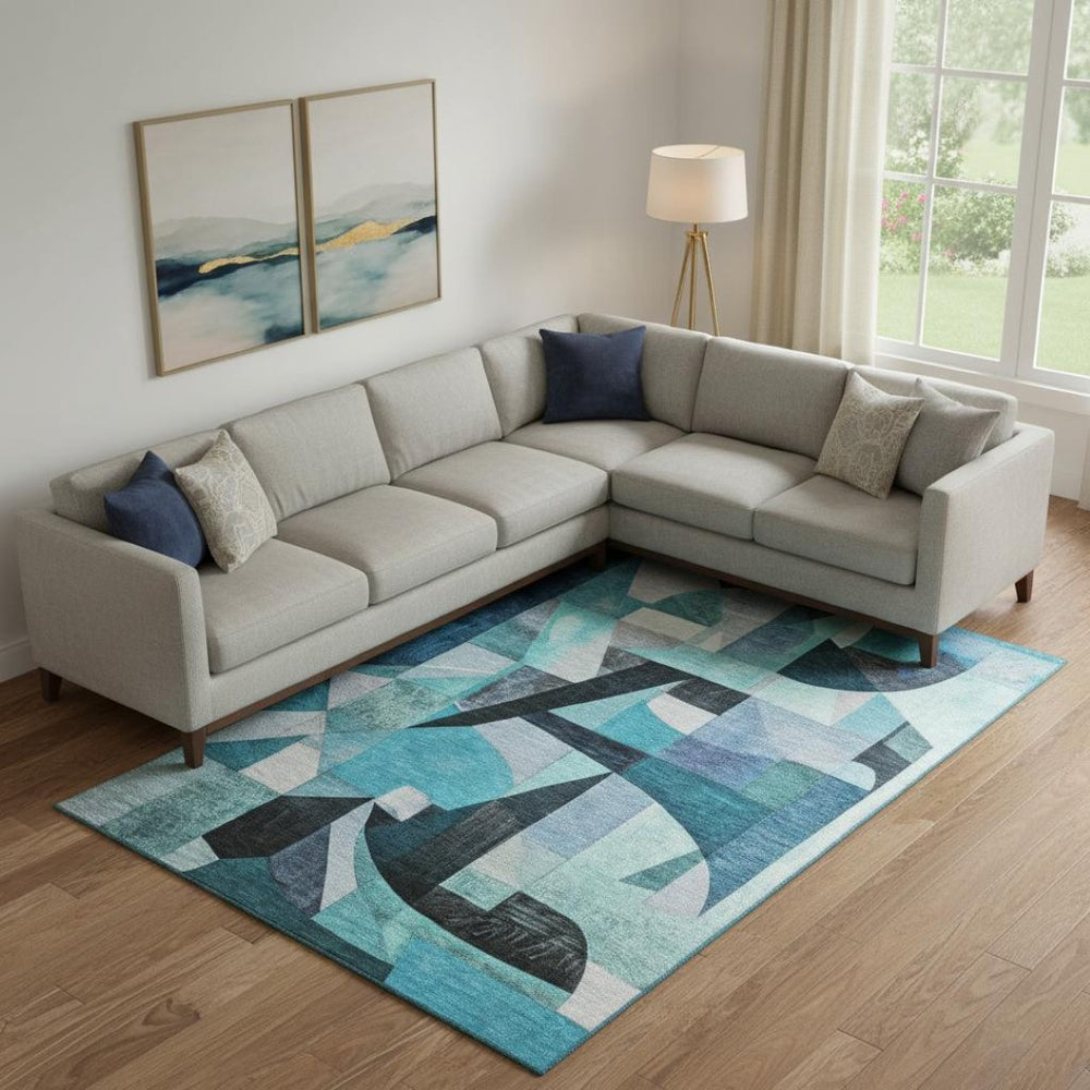 HomeRoots 9' X 12' Teal, Black & Blue Abstract Washable Area Rug - UV Protected, Stain Resistant & Stylish! 700378