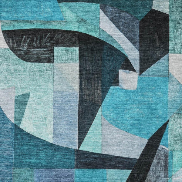 HomeRoots 9' X 12' Teal, Black & Blue Abstract Washable Area Rug - UV Protected, Stain Resistant & Stylish! 700378