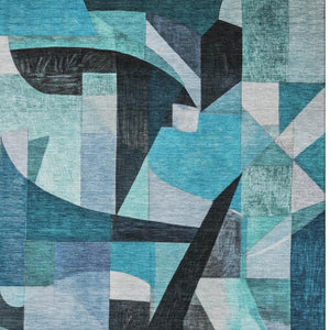 HomeRoots 9' X 12' Teal, Black & Blue Abstract Washable Area Rug - UV Protected, Stain Resistant & Stylish! 700378