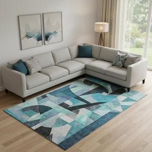 HomeRoots 10' X 14' Teal, Black & Blue Abstract Washable Area Rug with UV Protection for Modern Homes 700379