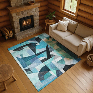 HomeRoots 10' X 14' Teal, Black & Blue Abstract Washable Area Rug with UV Protection for Modern Homes 700379