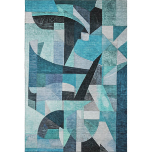 HomeRoots 10' X 14' Teal, Black & Blue Abstract Washable Area Rug with UV Protection for Modern Homes 700379