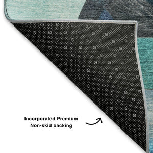 HomeRoots 10' X 14' Teal, Black & Blue Abstract Washable Area Rug with UV Protection for Modern Homes 700379