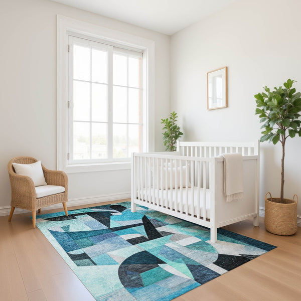 HomeRoots 10' X 14' Teal, Black & Blue Abstract Washable Area Rug with UV Protection for Modern Homes 700379
