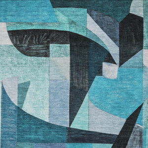 HomeRoots 10' X 14' Teal, Black & Blue Abstract Washable Area Rug with UV Protection for Modern Homes 700379