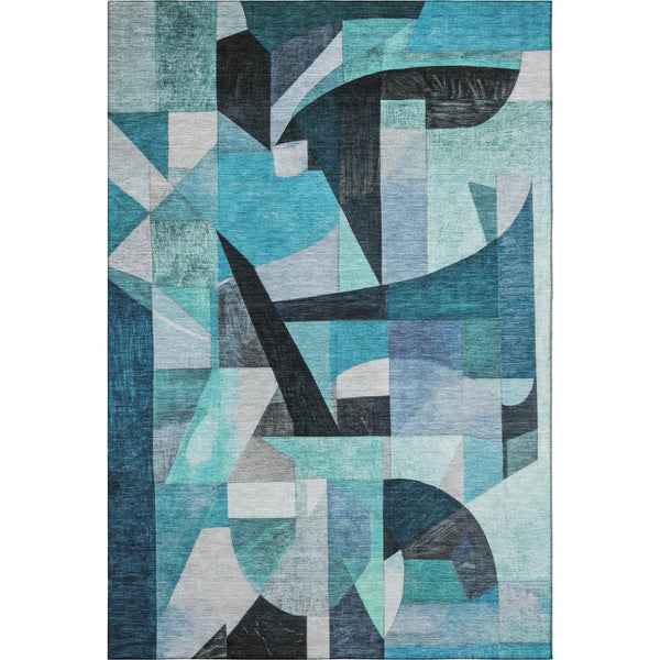 HomeRoots 10' X 14' Teal, Black & Blue Abstract Washable Area Rug with UV Protection for Modern Homes 700379