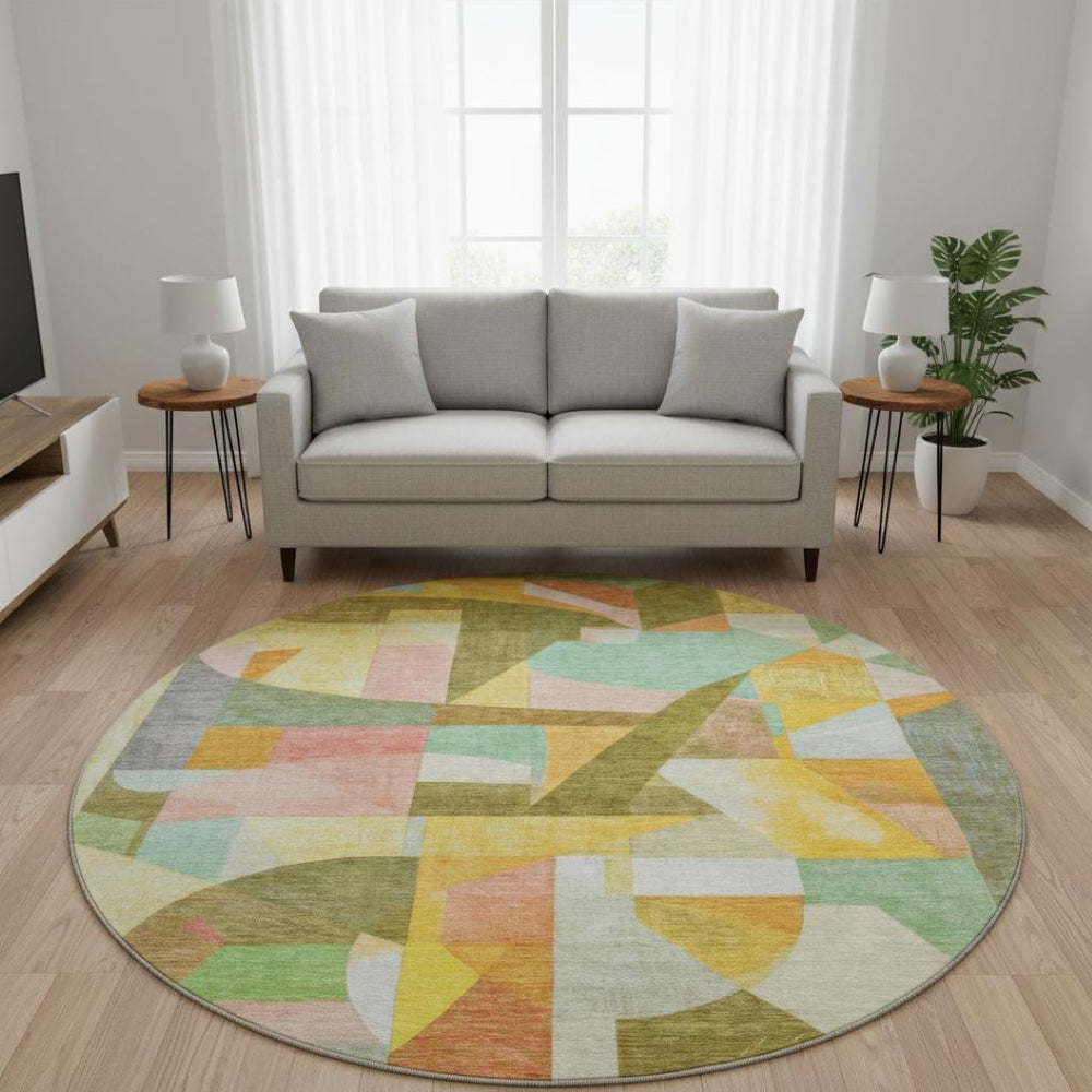 HomeRoots 8' Washable Round Rug in Wheat, Pink & Olive Green – Stylish, Durable, UV-Protected for Modern Spaces 700382