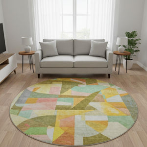 HomeRoots 8' Washable Round Rug in Wheat, Pink & Olive Green – Stylish, Durable, UV-Protected for Modern Spaces 700382