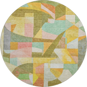 HomeRoots 8' Washable Round Rug in Wheat, Pink & Olive Green – Stylish, Durable, UV-Protected for Modern Spaces 700382