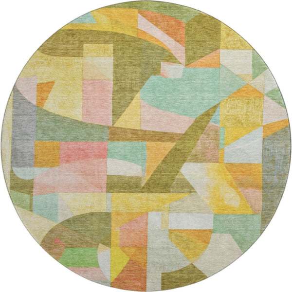 HomeRoots 8' Washable Round Rug in Wheat, Pink & Olive Green – Stylish, Durable, UV-Protected for Modern Spaces 700382
