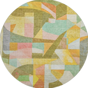 HomeRoots 8' Washable Round Rug in Wheat, Pink & Olive Green – Stylish, Durable, UV-Protected for Modern Spaces 700382