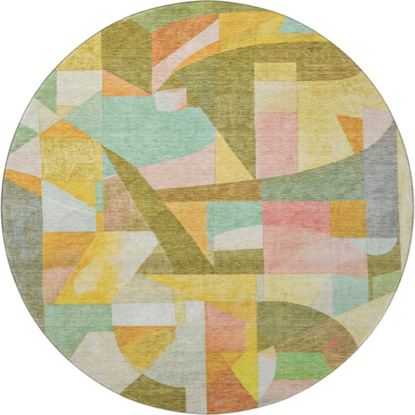 HomeRoots 8' Washable Round Rug in Wheat, Pink & Olive Green – Stylish, Durable, UV-Protected for Modern Spaces 700382