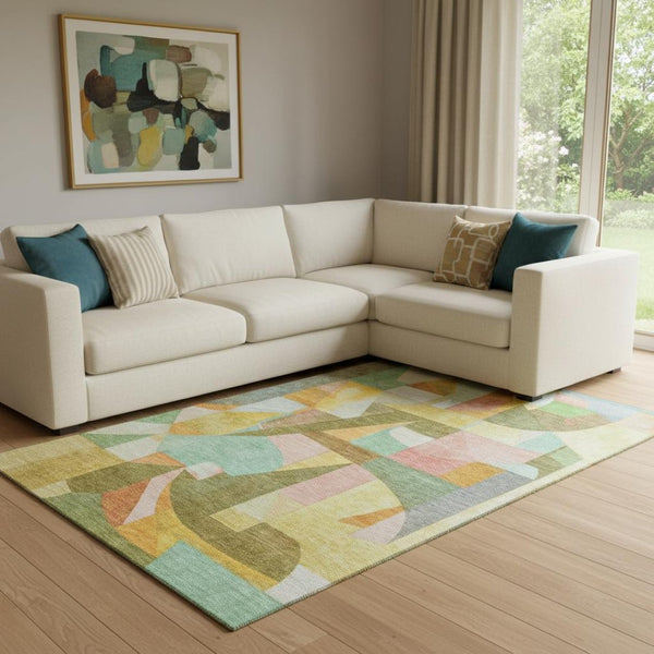 HomeRoots 8' X 10' Abstract Washable Area Rug in Wheat Pink & Olive Green - Durable, UV Protected & Stylish 700383