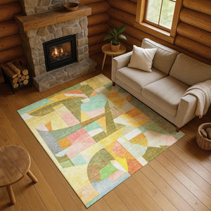 HomeRoots 8' X 10' Abstract Washable Area Rug in Wheat Pink & Olive Green - Durable, UV Protected & Stylish 700383