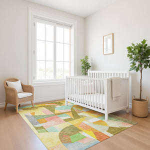 HomeRoots 8' X 10' Abstract Washable Area Rug in Wheat Pink & Olive Green - Durable, UV Protected & Stylish 700383