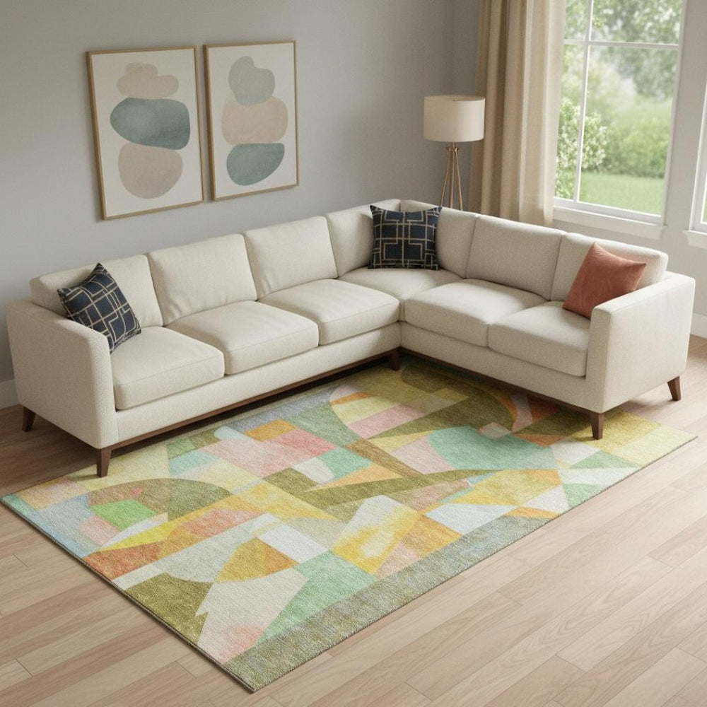 HomeRoots 9' X 12' Washable Abstract Area Rug in Wheat, Pink & Olive Green with UV Protection for Modern Spaces 700384