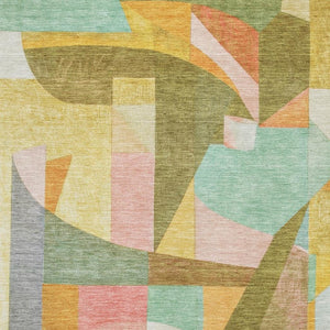 HomeRoots 9' X 12' Washable Abstract Area Rug in Wheat, Pink & Olive Green with UV Protection for Modern Spaces 700384