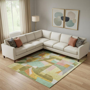 HomeRoots 10' X 14' Washable Abstract Area Rug in Wheat, Pink & Olive Green with UV Protection for Modern Spaces 700385