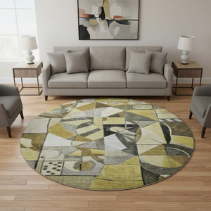 HomeRoots 8' Brown Black and Gray Abstract Washable Round Rug - UV-Protected, Durable, Easy-Clean Design! 700388