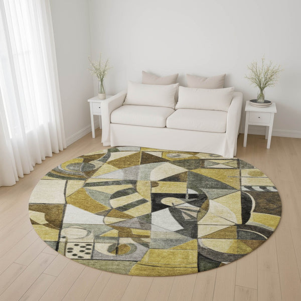 HomeRoots 8' Brown Black and Gray Abstract Washable Round Rug - UV-Protected, Durable, Easy-Clean Design! 700388