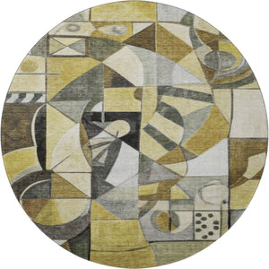 HomeRoots 8' Brown Black and Gray Abstract Washable Round Rug - UV-Protected, Durable, Easy-Clean Design! 700388