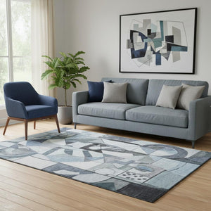 HomeRoots 5' X 8' Stylish Denim Blue & Ivory Abstract Area Rug - Washable, UV Protected, Non-Slip Backing! 700393