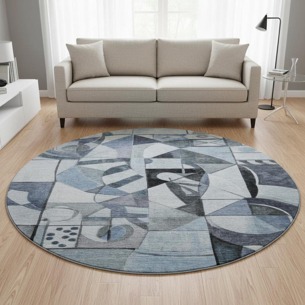 HomeRoots 8' Abstract Denim Blue, Ivory & Gray Round Rug - Washable, UV Protected, Stain Resistant for Any Space 700394