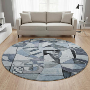 HomeRoots 8' Abstract Denim Blue, Ivory & Gray Round Rug - Washable, UV Protected, Stain Resistant for Any Space 700394
